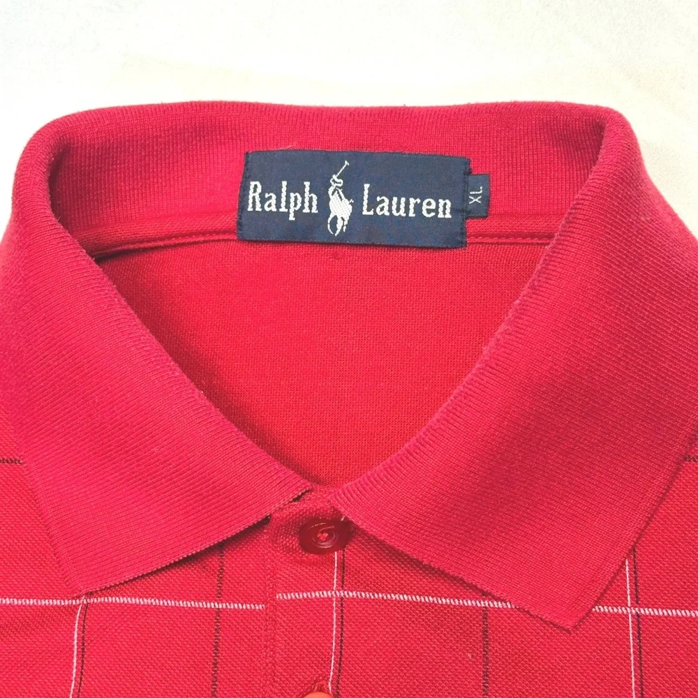 Ralph Lauren Mens XL Red Grid Plaid Pique Cotton Short Sleeve Polo Shirt